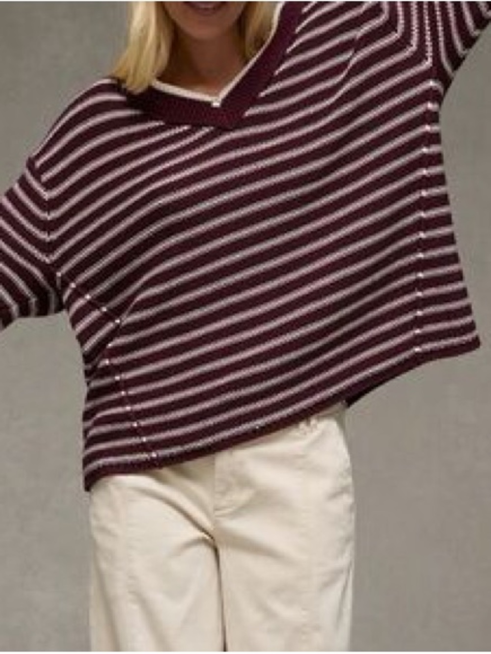 American Eagle Outfitters Striped V-Neck Sweater in Burgundy and Cream